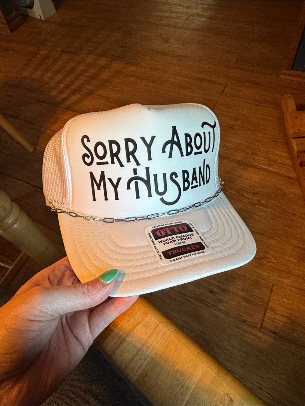 OTTO White Trucker Hat with Black Lettering and Chain Detail